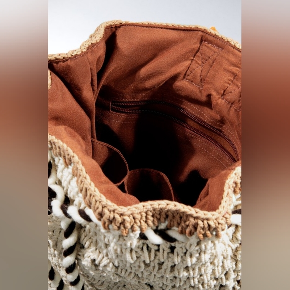 Handmade Crocheted Boho Backpack - Bucket Style - Cloth Backed Leather Straps - Picture 7 of 11